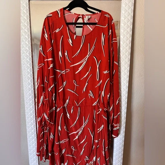 ASOS Red Printed Long Sleeve Dress with White & Black Accents - Picture 1 of 4